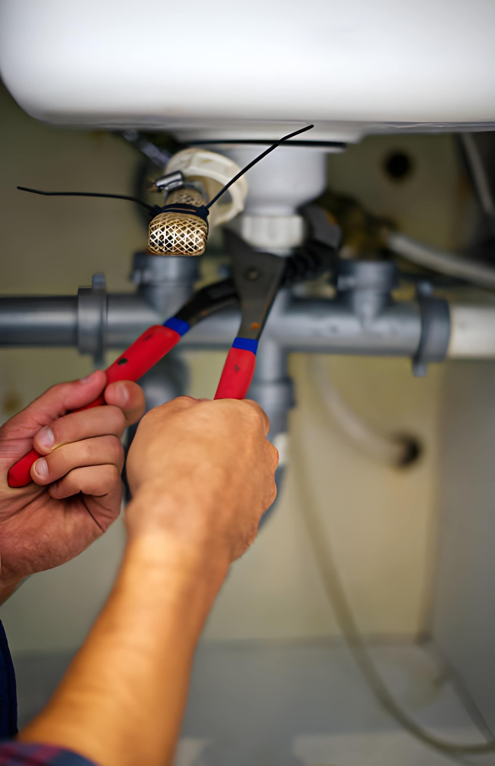 Professional plumbers at work fixing pipes