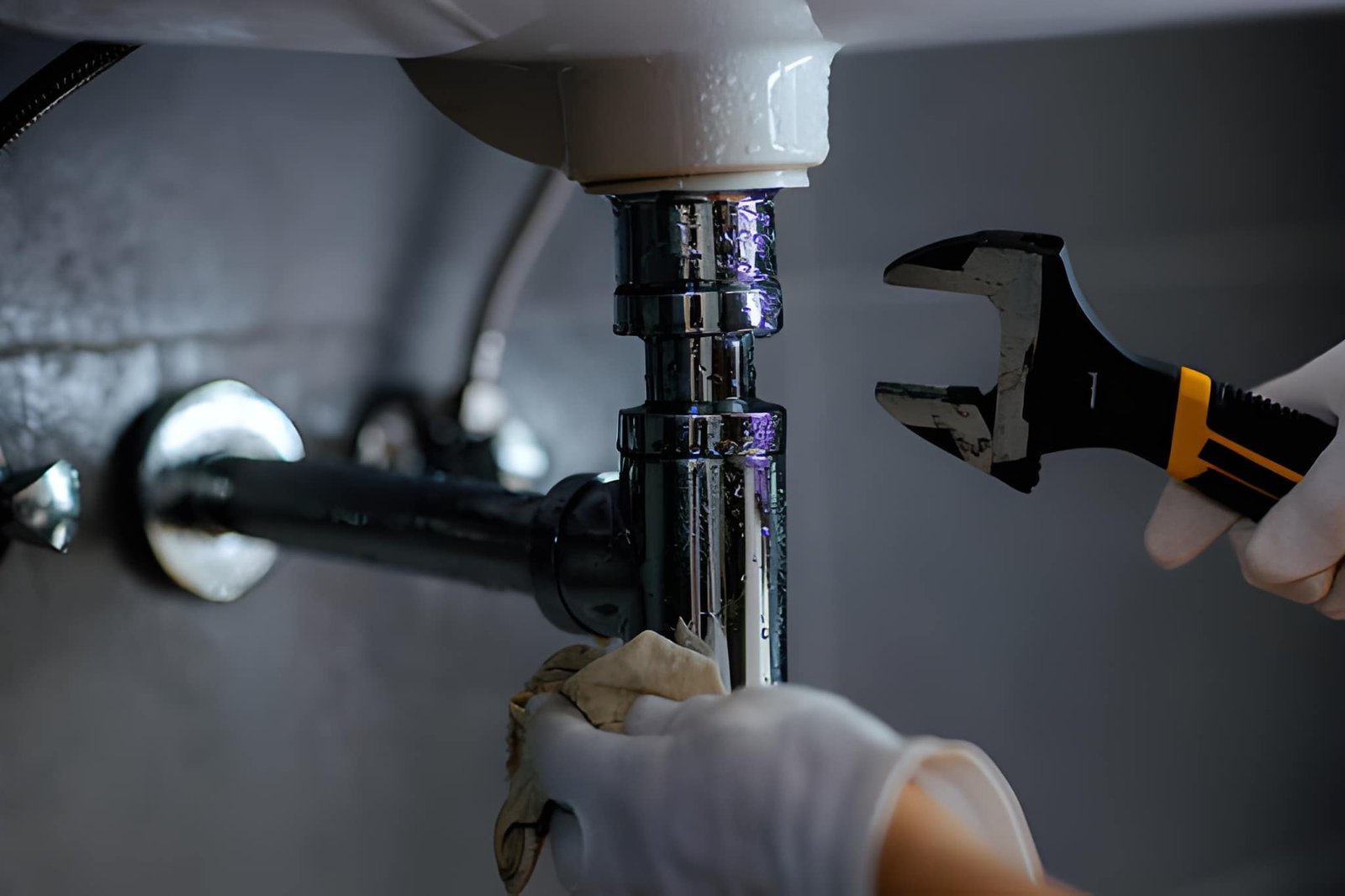 Expert plumbers at work fixing pipes