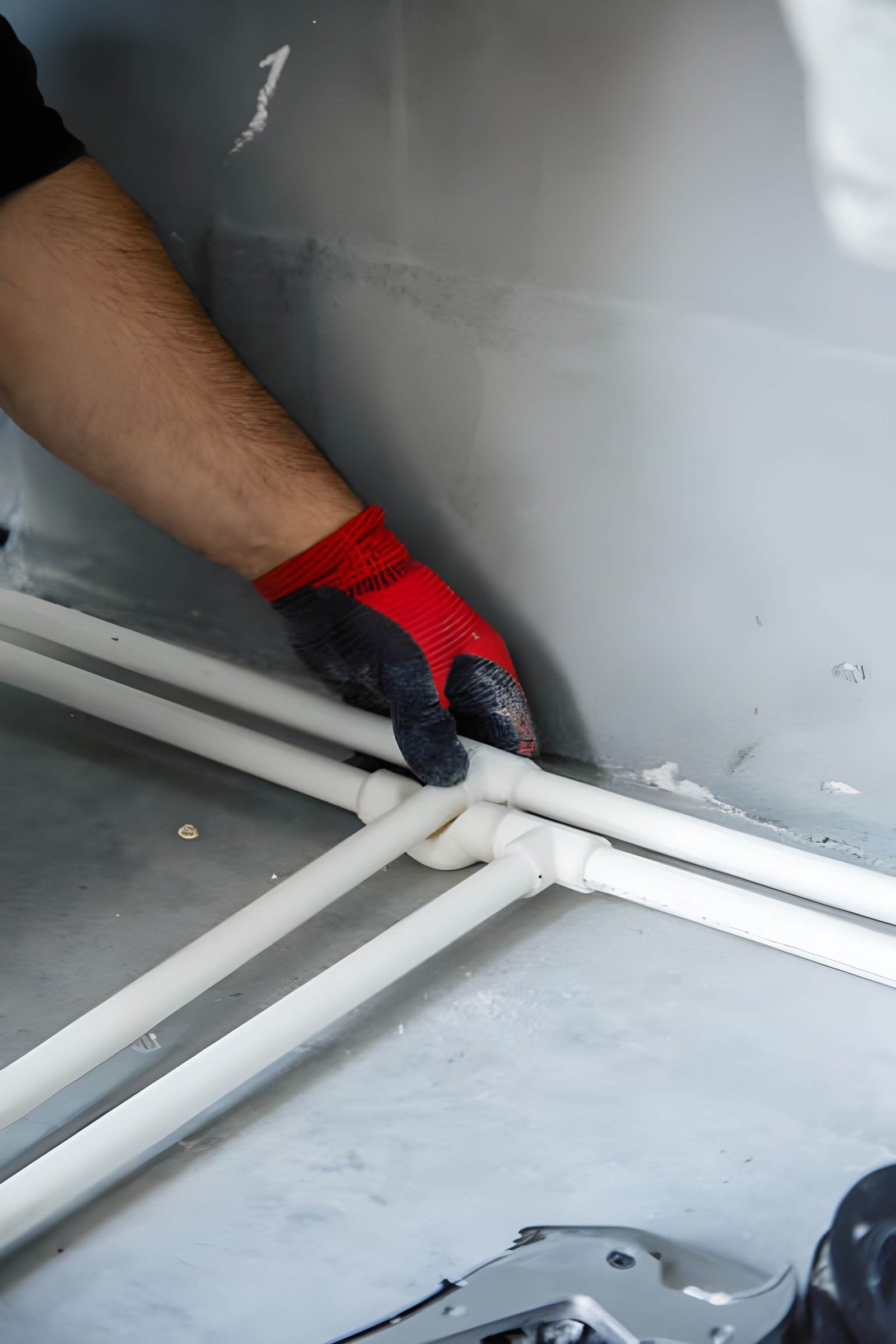 Professional plumbers at work fixing pipes