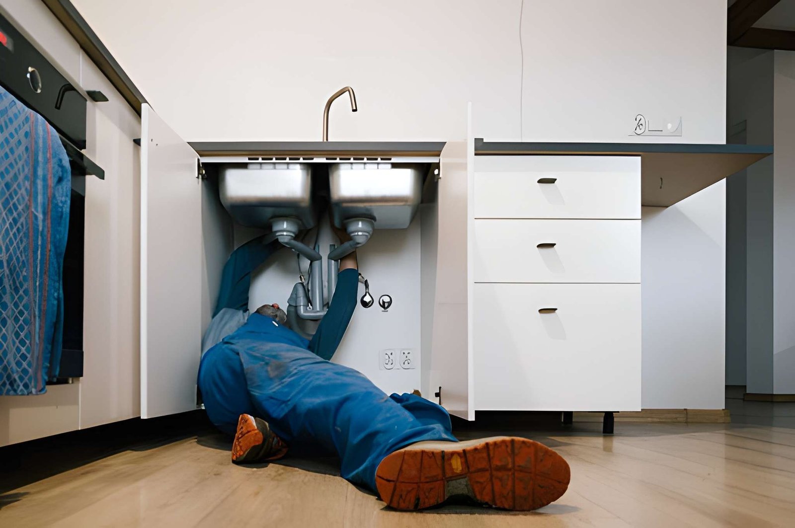 Professional plumber at work fixing pipes